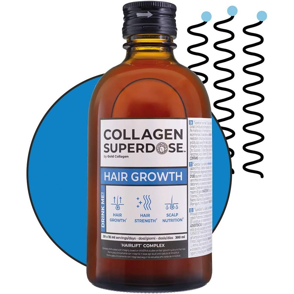 COLLAGEN SUPERDOSE by GOLD COLLAGEN Hair Growth - Biotin Hair Growth Marine Collagen Supplements for Women & Men with Vitamin C, Hyaluronic Acid and Natural Keratin Hair Treatment, Skin, Nails, 300 Ml