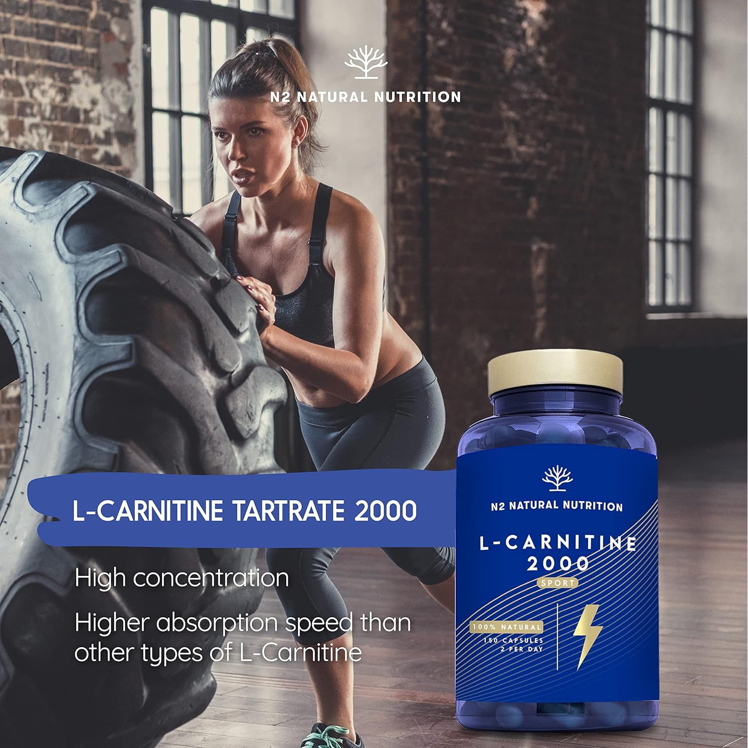 Natural L CARNITINE 2000Mg 150 Capsules 75 Days (Only 2 Capsules per Day) High Concentration Improves Sports Performance. Weight Loss, Energy Resistance. CE Manufactured. N2 Natural Nutrition
