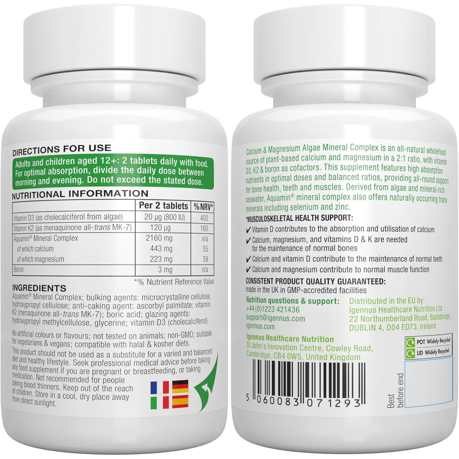 High Absorption Algae Calcium & Magnesium Supplement, plus Vitamin D, K2 & Boron, Clean Label & Plant Based, Non-Gmo Algae Mineral Complex for Bone & Teeth Support, Vegan, 60 Tablets, by Igennus