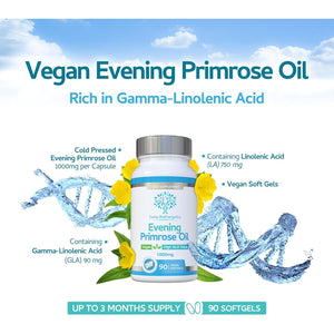 Evening Primrose Oil 1000Mg 90 Capsules - Vegan & Cold Pressed - Premium High GLA Formulation - No Gmos - UK Made Vegan Soft Gels