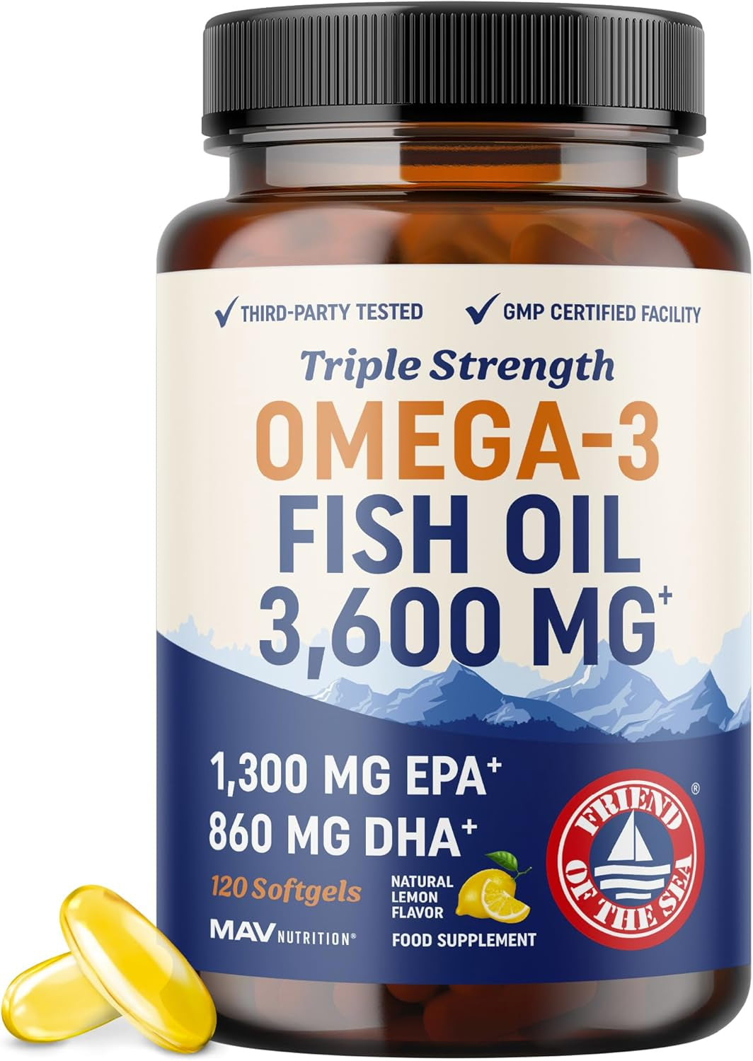 Triple Strength Omega 3 Fish Oil 3600 Mg | EPA & DHA | over 2100Mg Omega-3 Fatty Acids | 1300Mg EPA + 860Mg DHA | Best Essential Fatty Acids | Premium Wild Caught & Burpless Fish Oil | 120 Ct