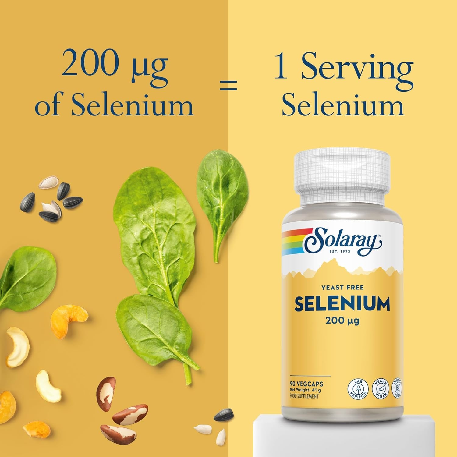 Selenium 200Mcg - 90 Vegan Capsules - High Strength Selenium Supplement for Men and Women - L-Selenomethionine - Lab Verified - Solaray