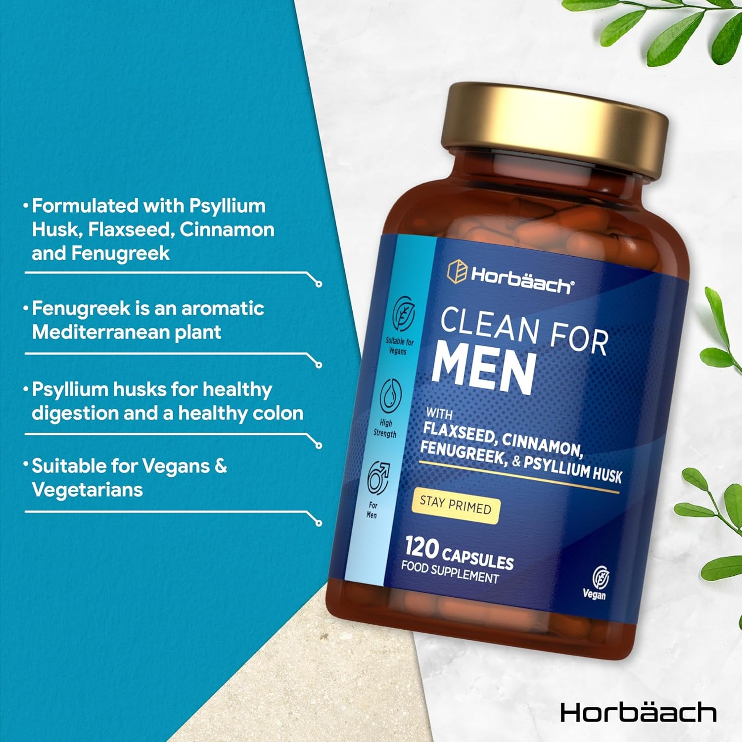 Fibre Supplement for Men | Cleanliness | Psyllium Husk Complex with Cinnamon, Flaxseed and Fenugreek Seed | 120 Vegan Capsules | by Horbaach