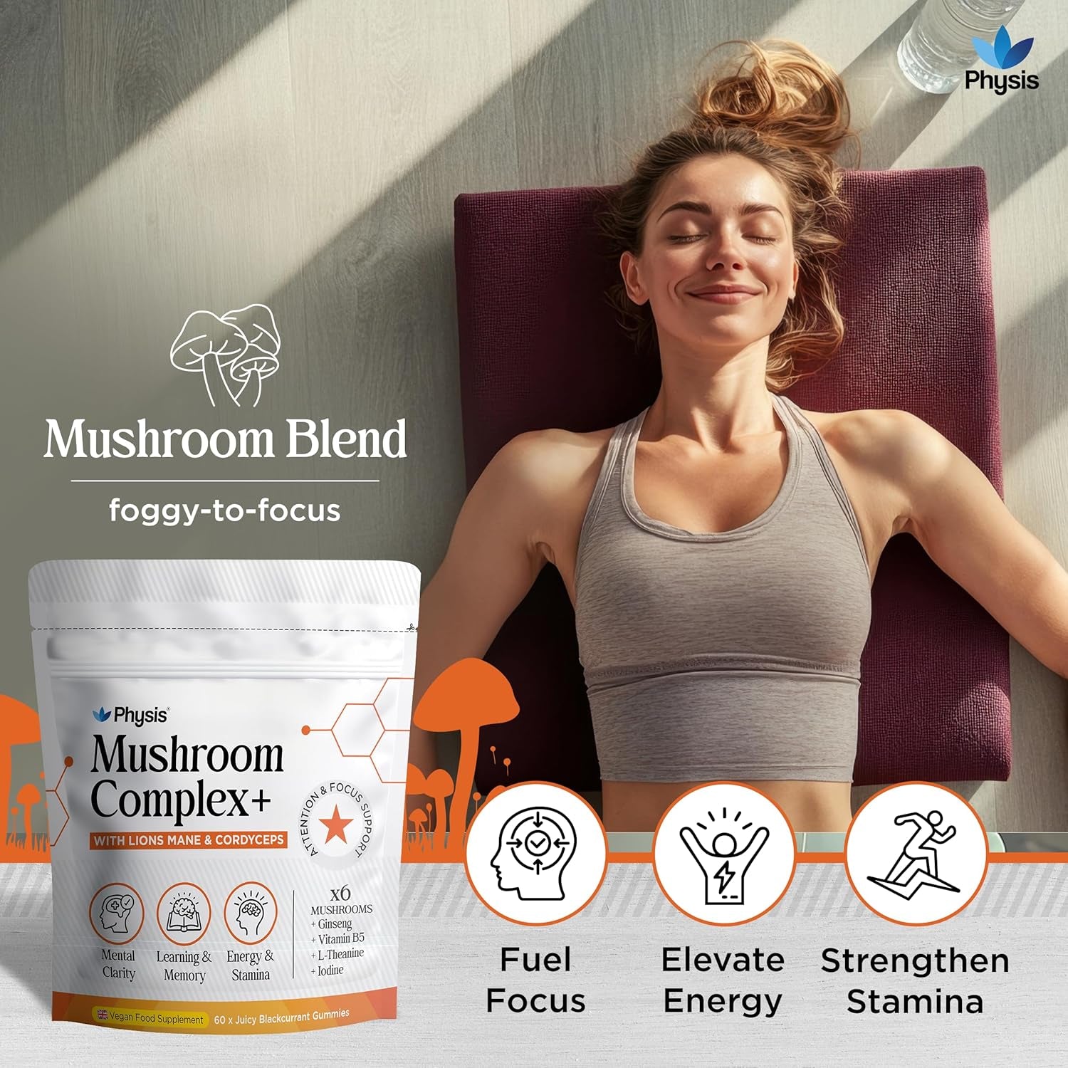Physis Mushroom Gummies Complex 2000Mg | Attention Focus Clarity | Immunity & Energy | Brain Support | High Strength | Maitake, Reishi, Lion’S Mane & Chaga | 60 X Juicy Blackcurrant 1 Month Supply