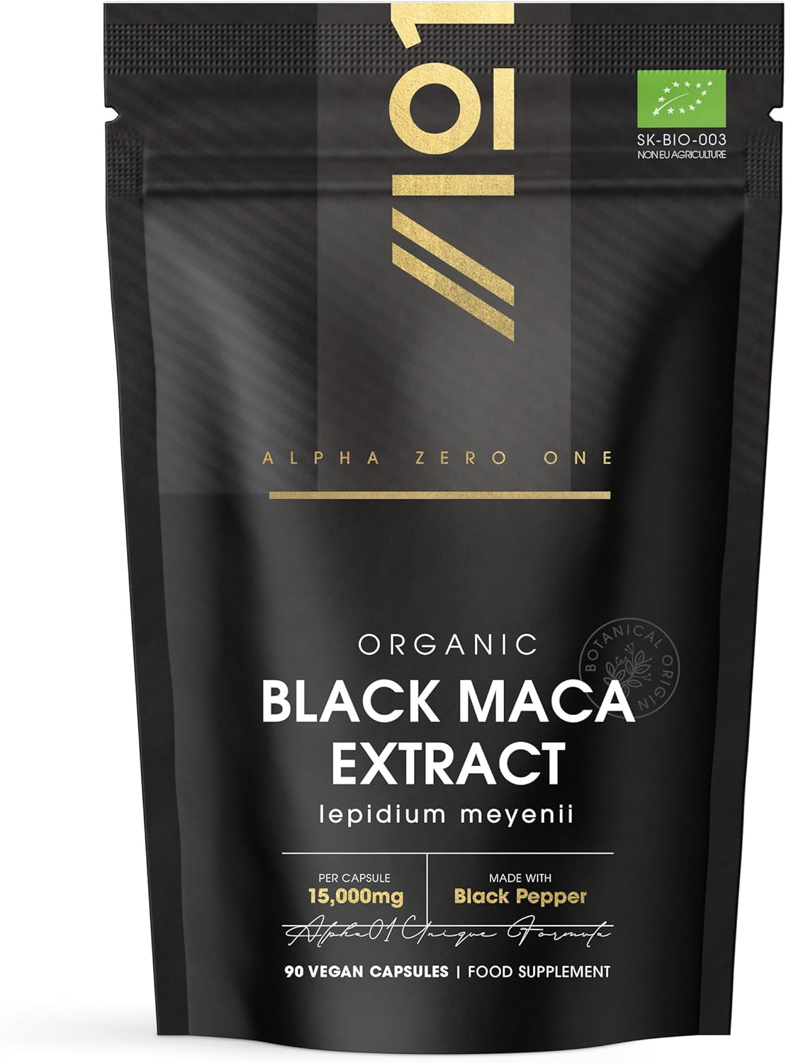 Organic Black Maca Root 15,000Mg with Black Pepper – Peruvian Black Maca Supplement for Men - 90 Vegan Capsules (3 Months Supply) – Resealable and Recyclable Pouch by Alpha01