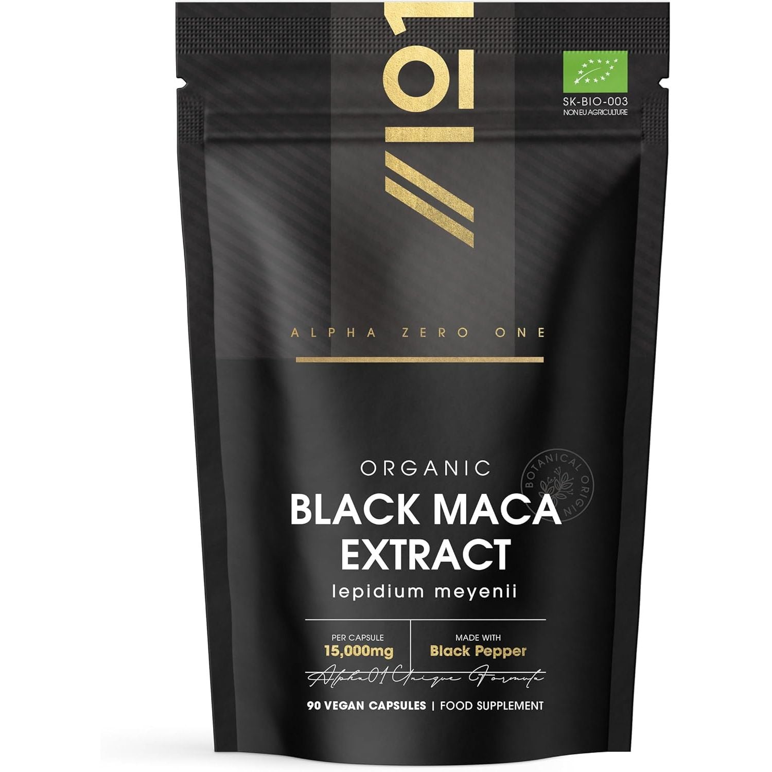 Organic Black Maca Root 15,000Mg with Black Pepper – Peruvian Black Maca Supplement for Men - 90 Vegan Capsules (3 Months Supply) – Resealable and Recyclable Pouch by Alpha01