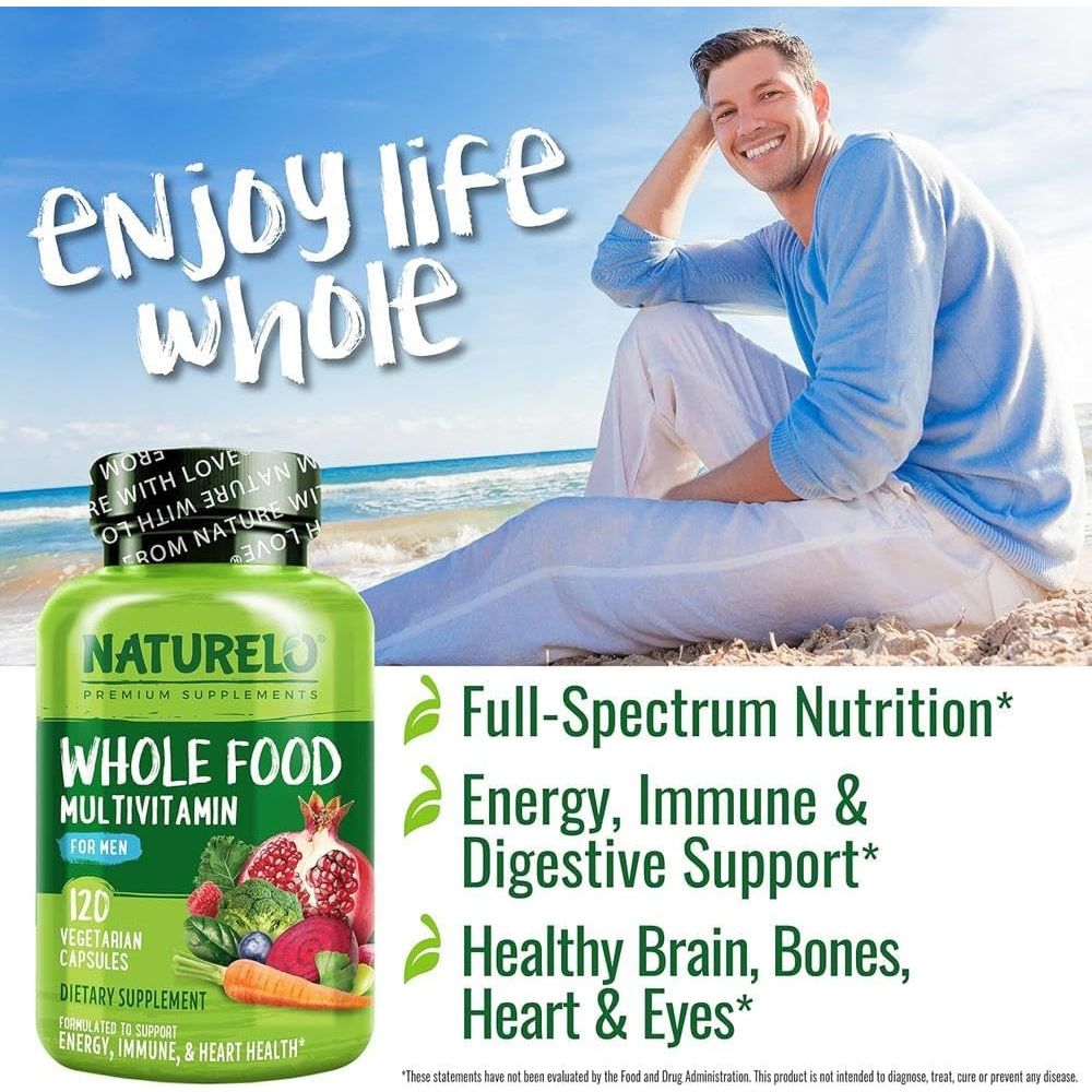 NATURELO Whole Food Multivitamin for Men - with Natural Vitamins, Minerals, Botanical Blends - Complete All-In-One Formula for Energy, Brain, Heart, Eye Health - 120 Vegan Capsules | 1 Month Supply