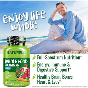 NATURELO Whole Food Multivitamin for Men - with Natural Vitamins, Minerals, Botanical Blends - Complete All-In-One Formula for Energy, Brain, Heart, Eye Health - 120 Vegan Capsules | 1 Month Supply
