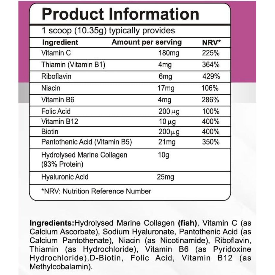 Pharmanostix Hydrolysed Marine Collagen plus Powder 300G - 10,000Mg Collagen with Hyaluronic Acid, Biotin, Vitamin C & B Vitamins - Type 1 & 3 Pure Naticol Collagen - UK Manufactured (Unflavoured)