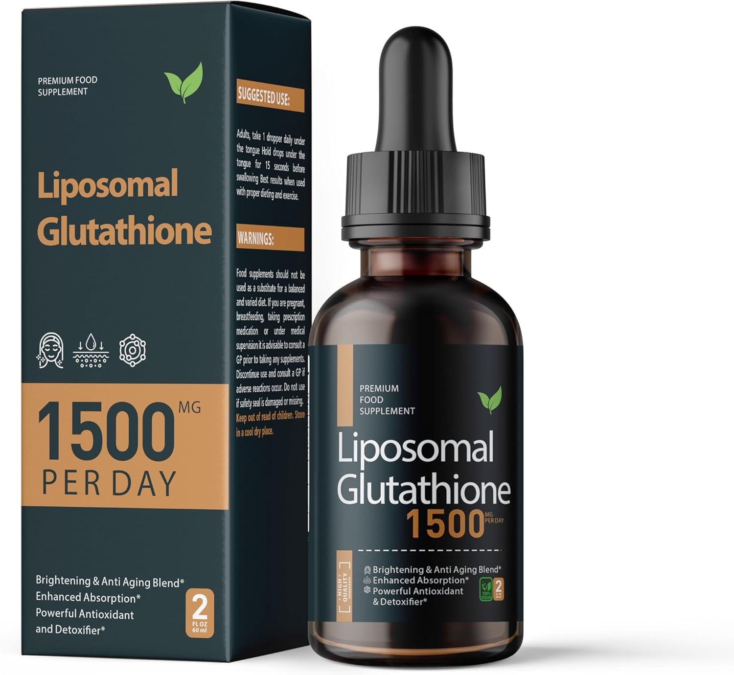 Liposomal Glutathione Drops - 1500Mg per Serving, 1 Month Supply - 1000Mg Glutathione, Vitamin C, Aloe Vera, Hyaluronic Acid - Anti-Aging & Brightening Blend