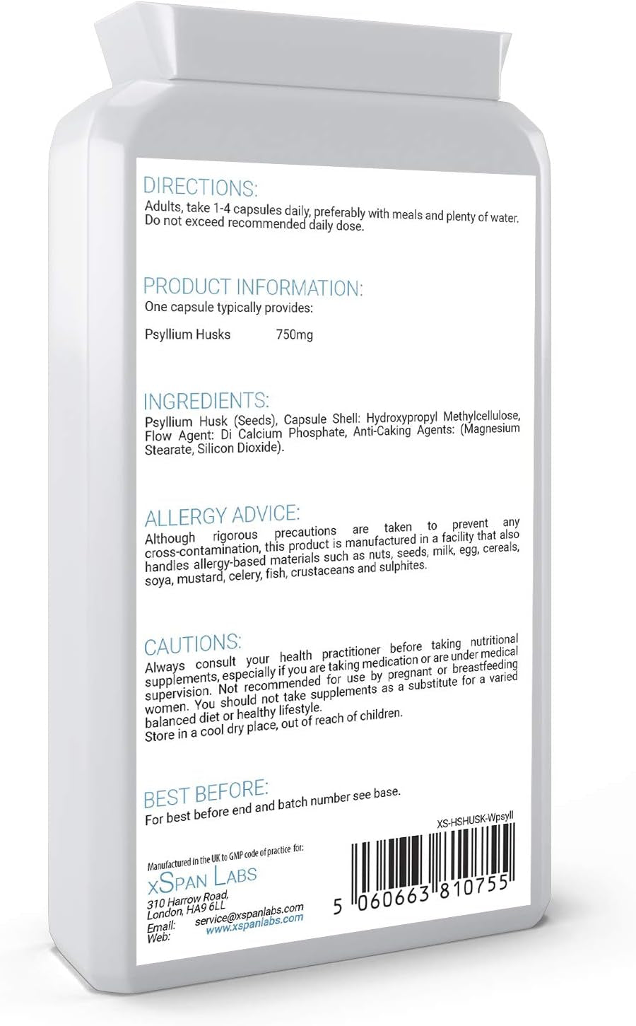 Psyllium Husks 750Mg 90 Capsules - All Natural Soluble Fibre Supplement - Great for Digestion, Keto Diets and Complementing Bio-Culture Supplements– Manufactured in the UK