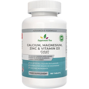 Calcium Magnesium Zinc and Vitamin D plus Vitamin K2 MK-7 Supplement - 180 Vegan Tablets - High Strength Calcium Tablets Complex with Vitamin K2 Copper Manganese Selenium & Boron - UK Made