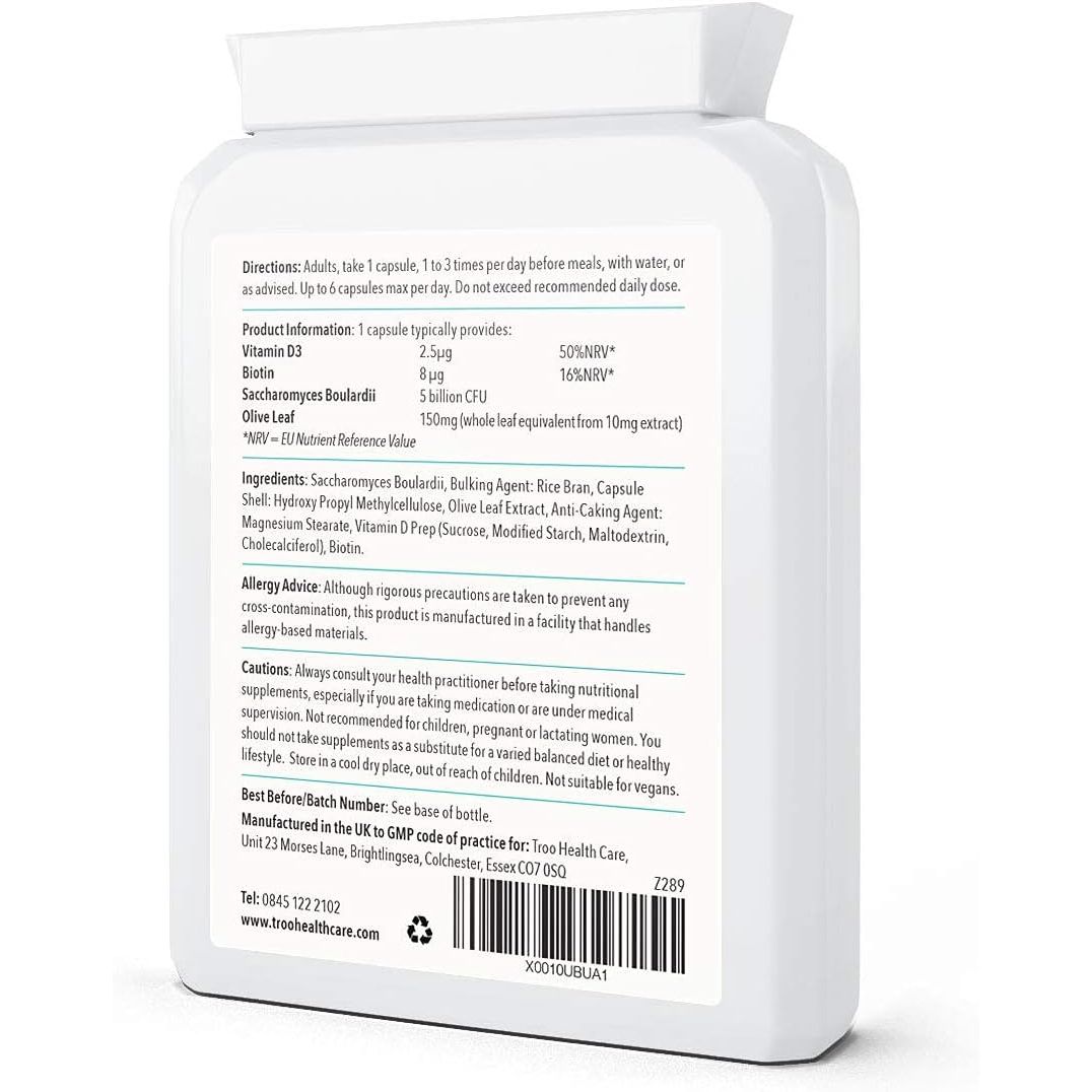 Troo Health Care Saccharomyces Boulardii Supplement - 90 Capsules – 5 Billion Cfu with Olive Leaf, Biotin and Vitamin D - Highly Stable Friendly Yeast to Support Gut Bacteria Balance