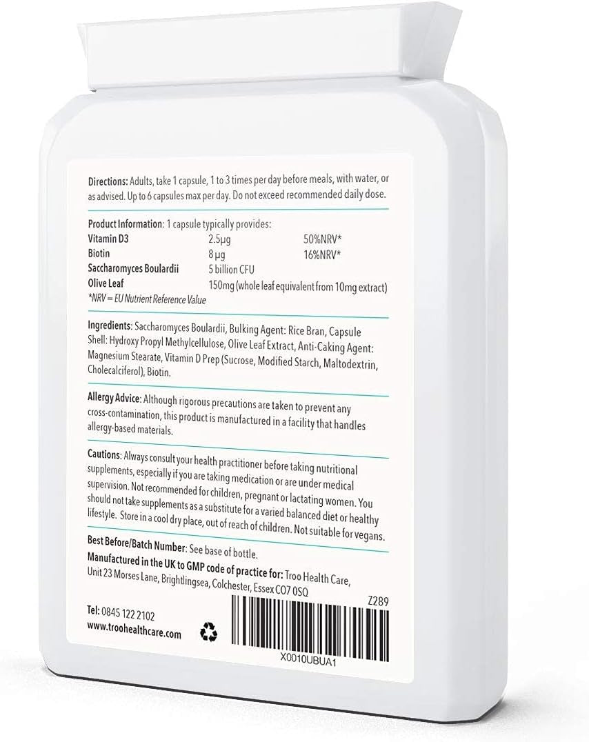 Troo Health Care Saccharomyces Boulardii Supplement - 90 Capsules – 5 Billion Cfu with Olive Leaf, Biotin and Vitamin D - Highly Stable Friendly Yeast to Support Gut Bacteria Balance