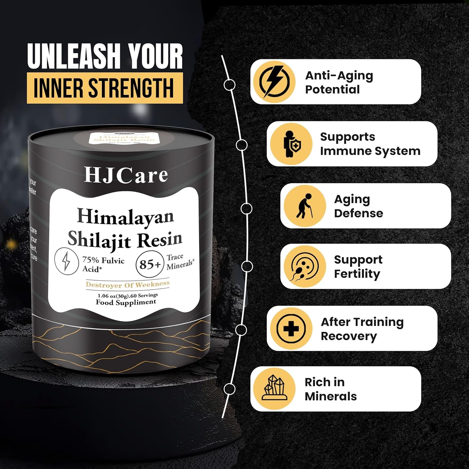 HJCARE Himalayan Shilajit Resin 30G - 100% Pure Gold Grade for Men & Women, 60 Servings for Energy Boost & Immune Support, 75%+ Fulvic Acid & Vitality Booster