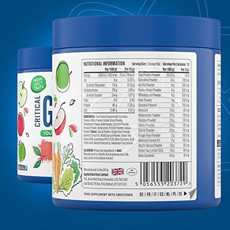 Applied Nutrition Critical Greens Powder and Superfood Blend for Gut Health Energy and Immune Support Vegan Daily Greens Juice Powder (150G - 30 Servings) (Apple Burst)