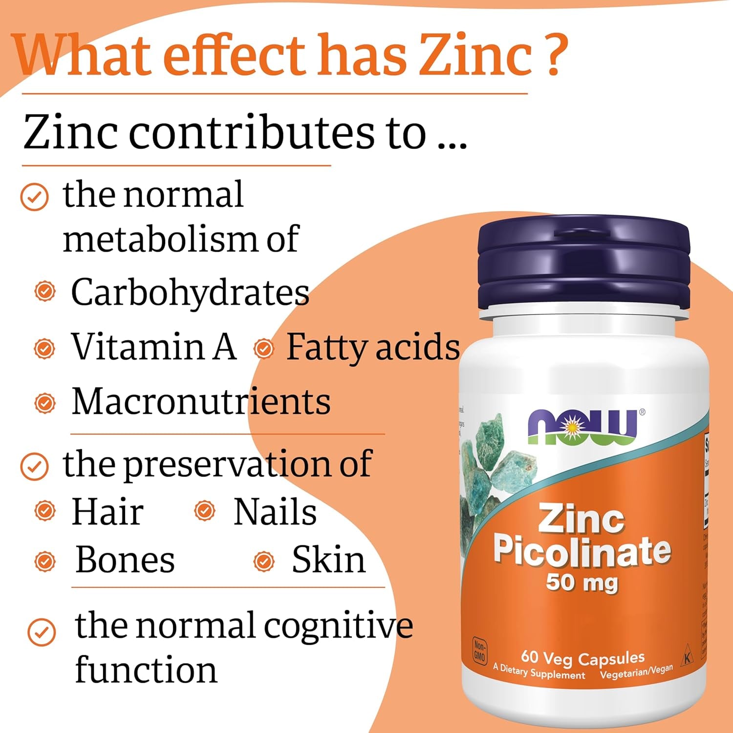 Now Foods, Zinc Picolinate, 50Mg, High Dose, 1 Capsule Every 2 Days, 60 Vegan Capsules, Lab-Tested, Gluten Free, SOYA Free, Non-Gmo, Vegetarian