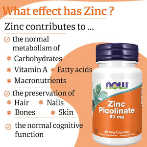 Now Foods, Zinc Picolinate, 50Mg, High Dose, 1 Capsule Every 2 Days, 60 Vegan Capsules, Lab-Tested, Gluten Free, SOYA Free, Non-Gmo, Vegetarian