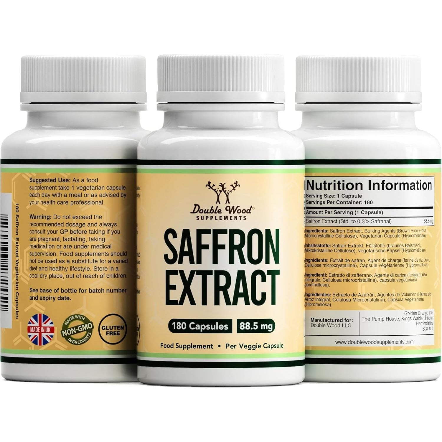 Double Wood Saffron Supplement |180 Servings of High Strength Saffron Capsules - 88.5Mg Saffron Extract per Serving | Weight Management, Heart Health, Mental Clarity & Eye Health | UK Manufactured