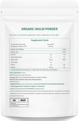 Organic Inulin Powder, Soluble FOS Inulin, Fiber Prebiotic Intestinal Support, Enhances Calcium Absorption, Vegan Friendly, Non GMO, Natural Fibers for Smoothie & Drinks, 2.2 Lbs/1 Kg