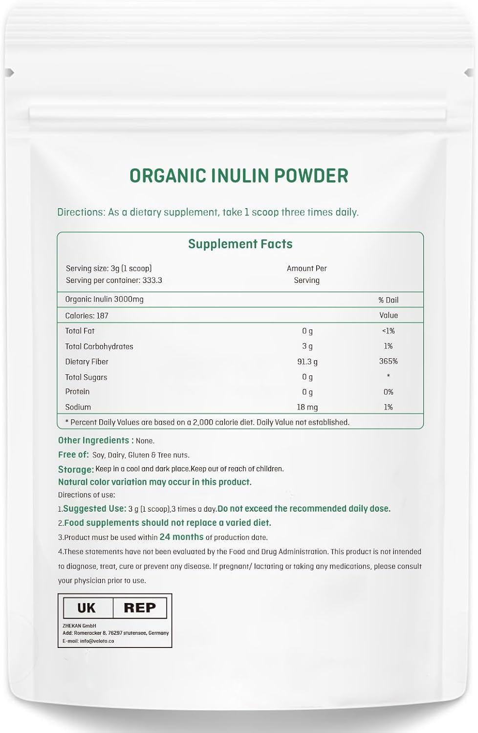 Organic Inulin Powder, Soluble FOS Inulin, Fiber Prebiotic Intestinal Support, Enhances Calcium Absorption, Vegan Friendly, Non GMO, Natural Fibers for Smoothie & Drinks, 2.2 Lbs/1 Kg