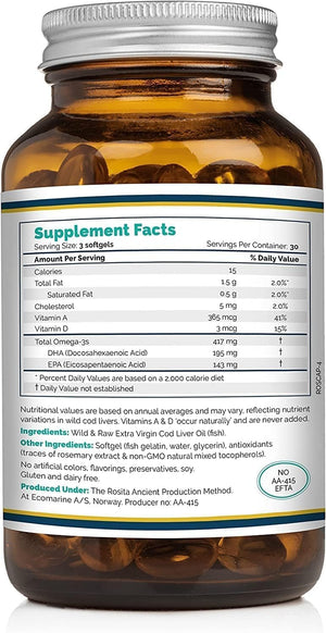 Rosita Real Foods Extra Virgin Cod Liver Oil (EVCLO) Softgels - 90 Softgels, 0.21 Kilograms
