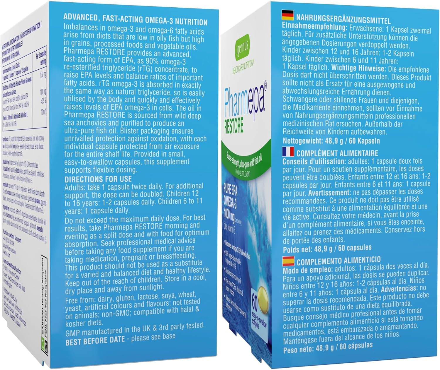 Igennus Pharmepa Restore, Pure EPA 1000Mg, IFOS Certified, Omega-3 Triglyceride Form Fish Oil, Highly Absorbable Rtg Form, 90% Concentration, Wild & Sustainable, Lemon Flavour, 60 Softgels