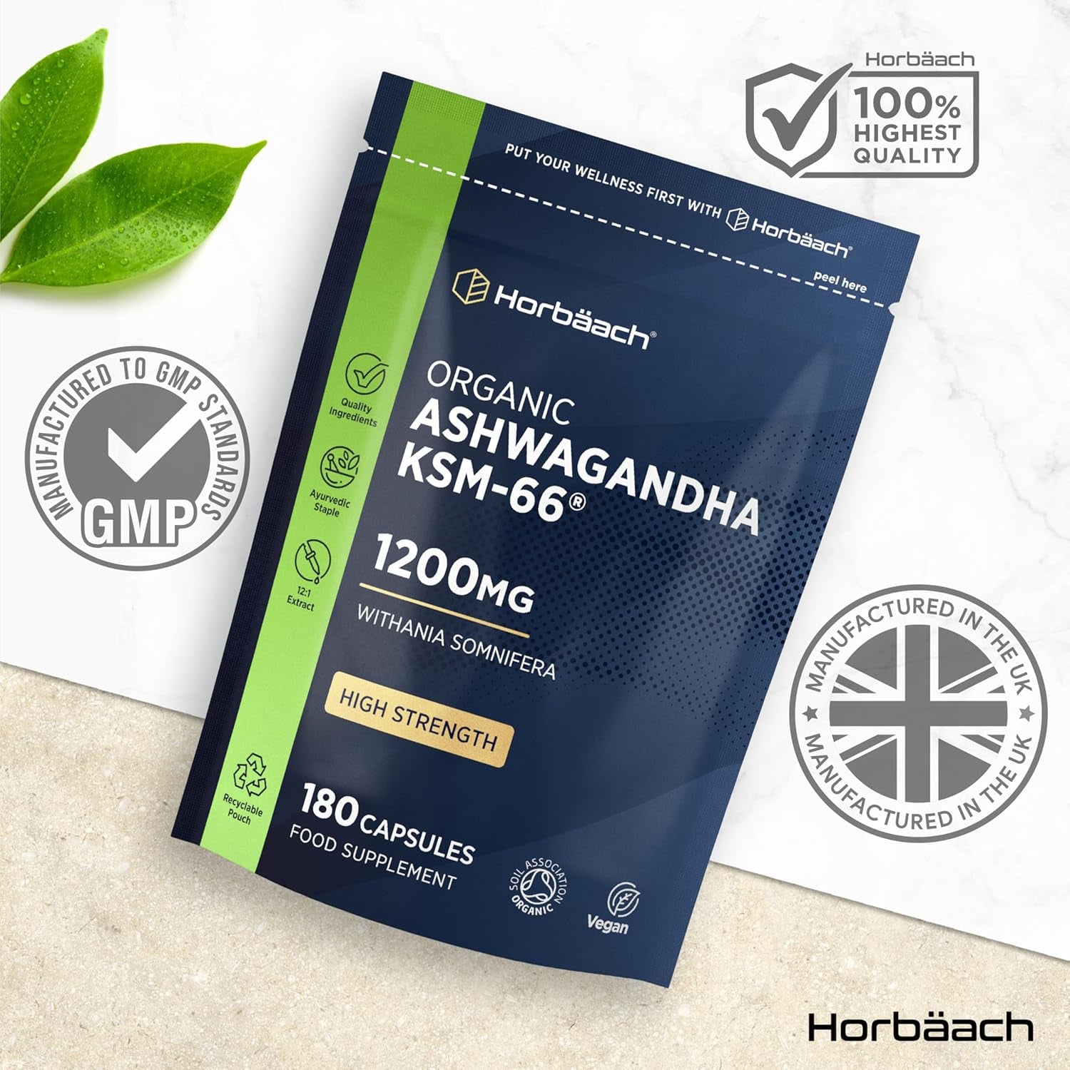 Organic Ashwagandha KSM-66® 1200Mg with 5% Withanolides | Pure Ashwagandha Root Powder | High Strength | 180 Vegan Capsules (Not Tablets) | Supplement for Men & Women | by Horbaach