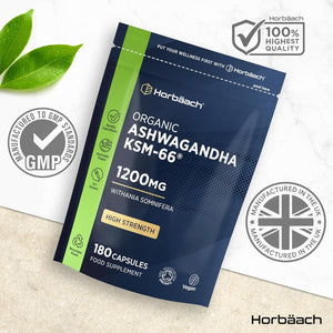 Organic Ashwagandha KSM-66® 1200Mg with 5% Withanolides | Pure Ashwagandha Root Powder | High Strength | 180 Vegan Capsules (Not Tablets) | Supplement for Men & Women | by Horbaach