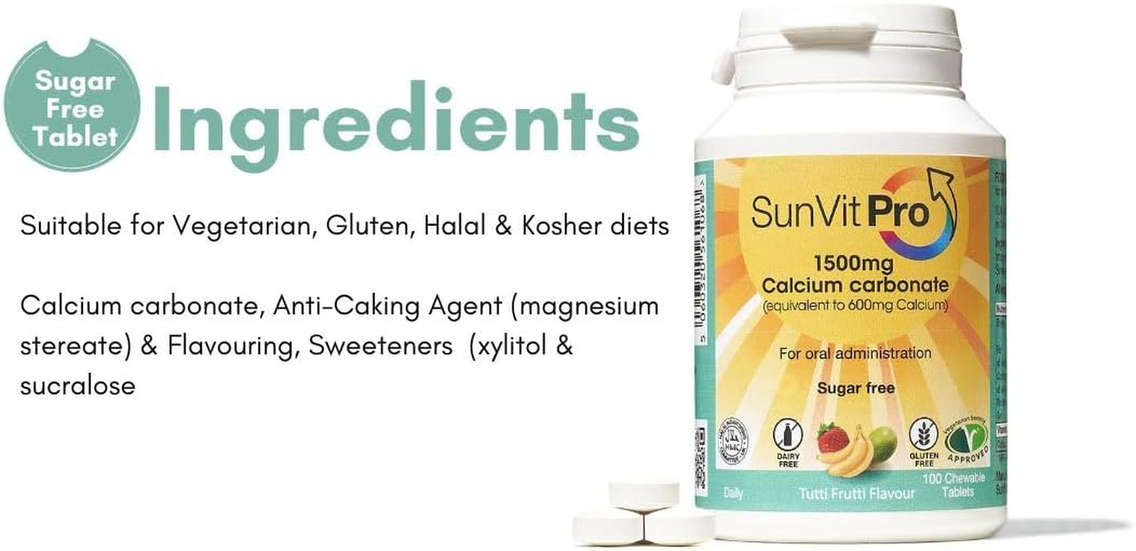 Sunvit-Pro Calcium Carbonate Tablets 600Mg Tutti Frutti Flavor - Calcium Supplements for Women & Men Supports Heart, Bones, Joint & Digestive Health - Gluten Free 100 Chewable Tablets