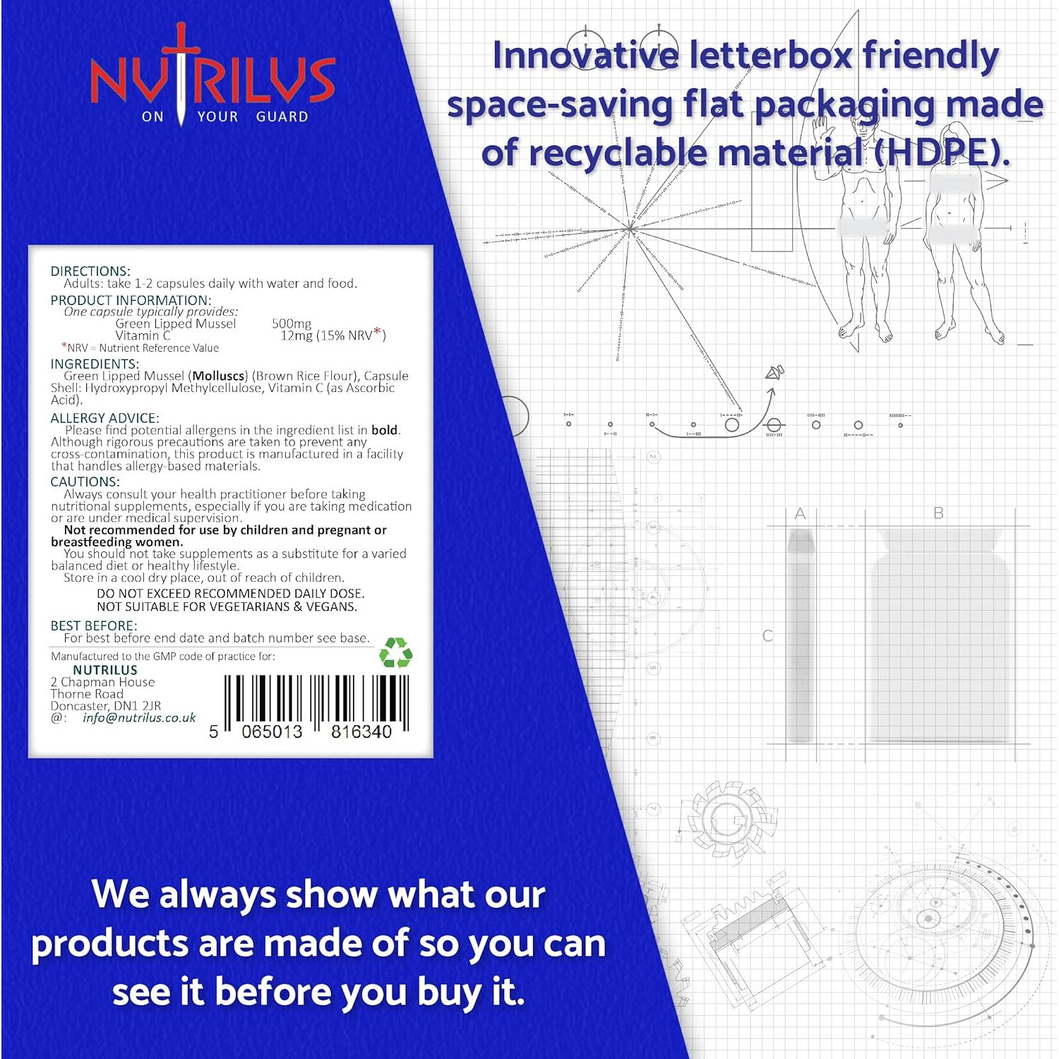 Nutrilus Green Lipped Mussel 90 Capsules 500Mg - for Humans & Dogs - High Grade Pure Extract - New Zealand Sourced - Vitamin C - UK Made Supplement - Joint Support