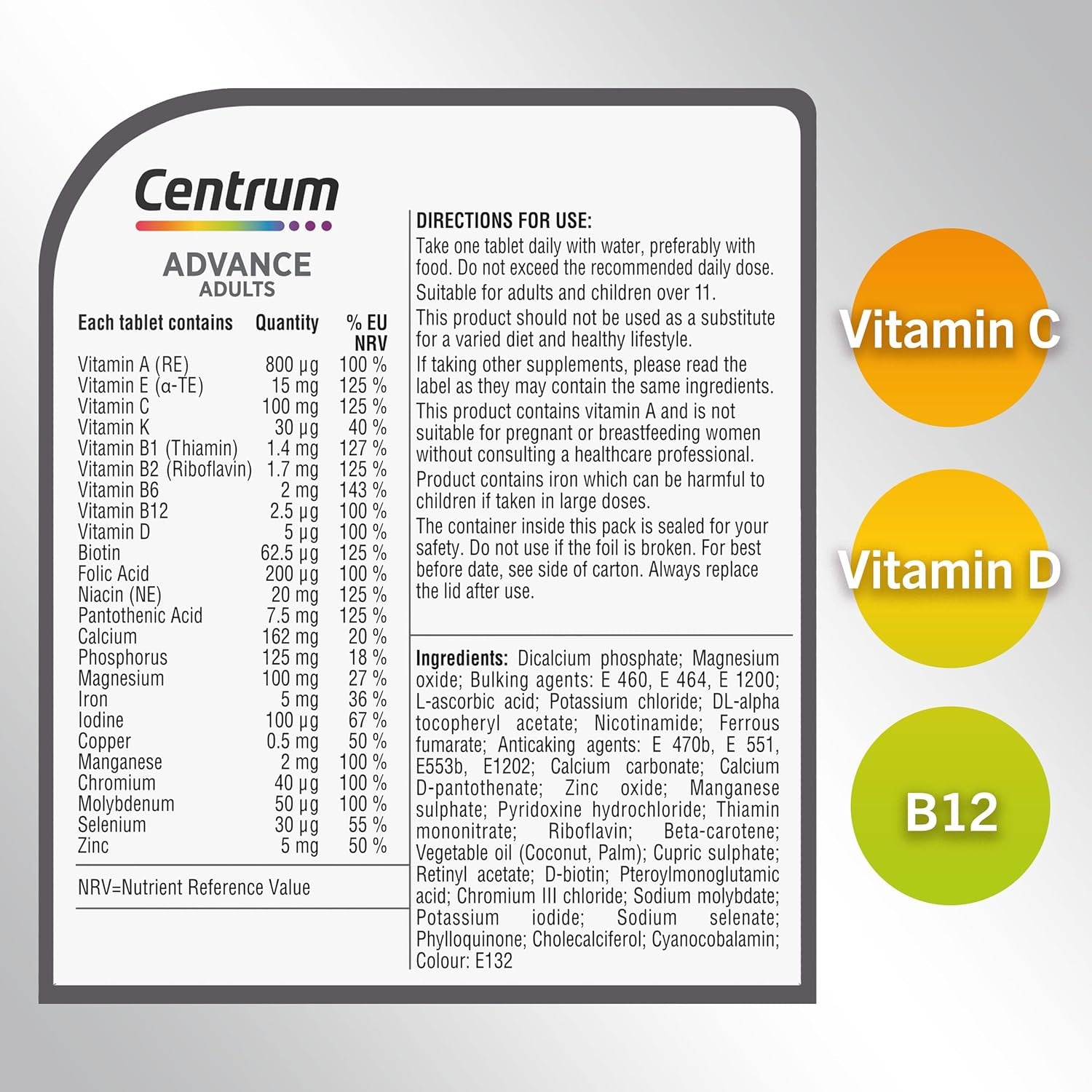 Centrum Advance Multivitamin & Mineral Supplements, 24 Essential Nutrients Including Vitamin D, C, Calcium, Daily Multivitamin Tablets, 60 Ct