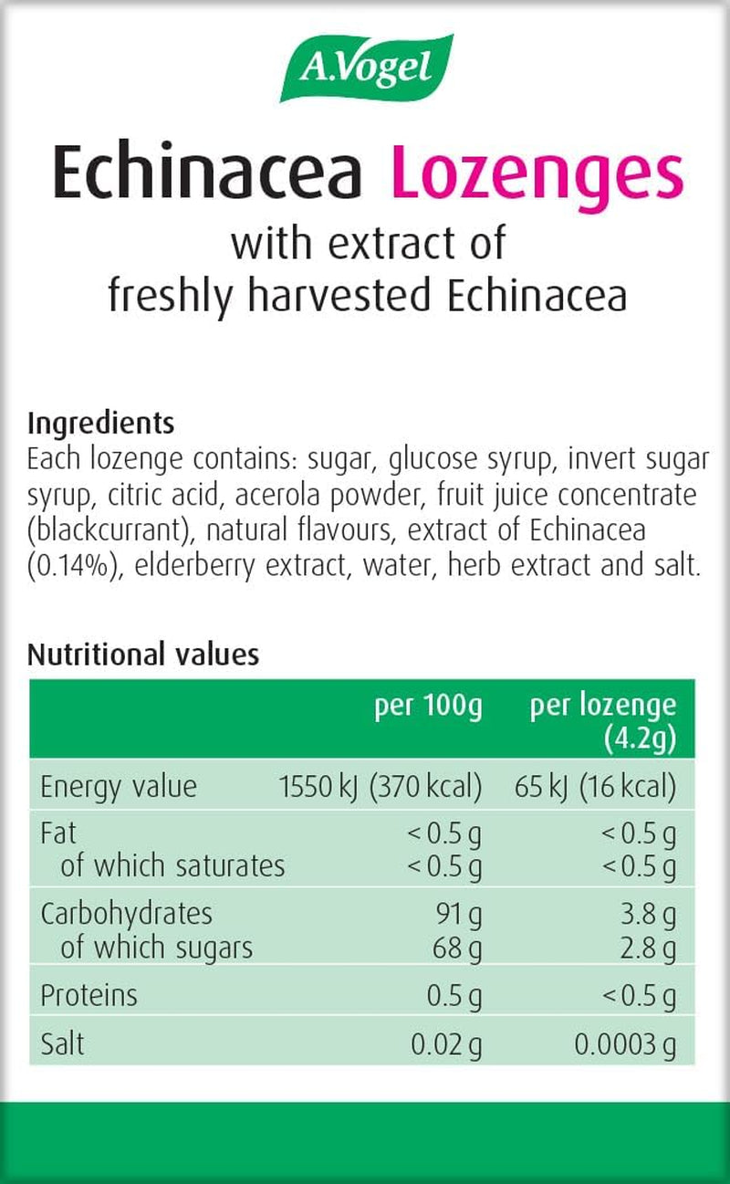 A.Vogel Echinacea Lozenges | Extract of Freshly Harvested Echinacea | Blend of Other Herbs | Suitable for Vegetarians | New Blackcurrant Flavour | 40G