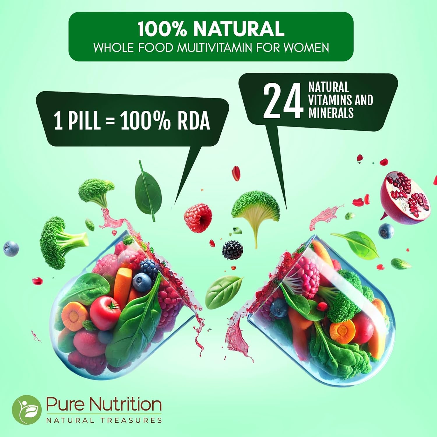 Pure Nutrition Whole Food Multivitamin for Women | 90 Tabs | One-A-Day | 100% RDA | 24 Natural Vitamins and Minerals | All Natural Plant Based Women'S Multivitamin | 3 Months Supply