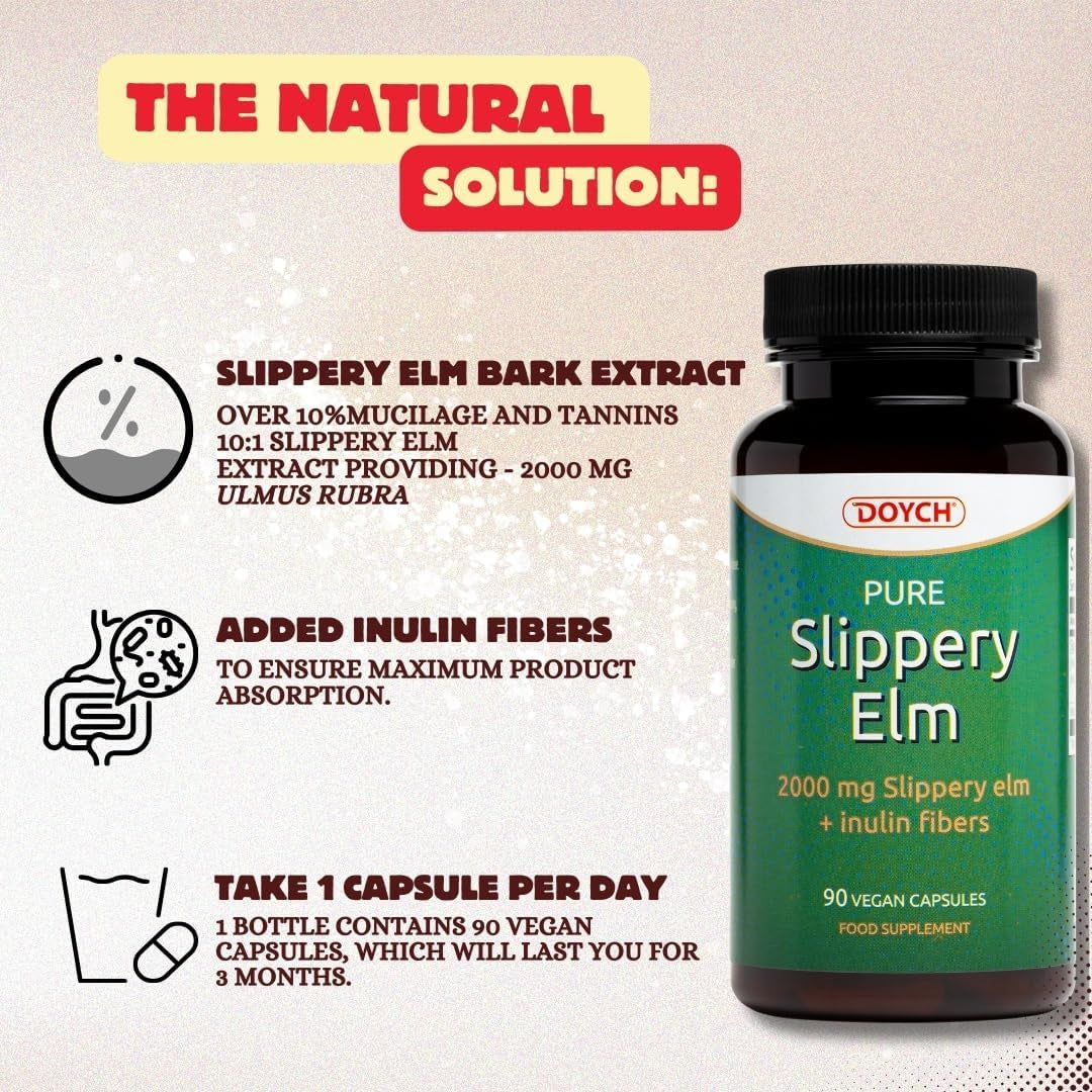 Potent Slippery Elm Organic Bark - 2000Mg Pure Slippery Elm 10:1 Extract - Natural Solution to Enhance Gut Health & Stomach Discomfort. NO Added Preservatives & Colorants - 3 Months Supply by Doych