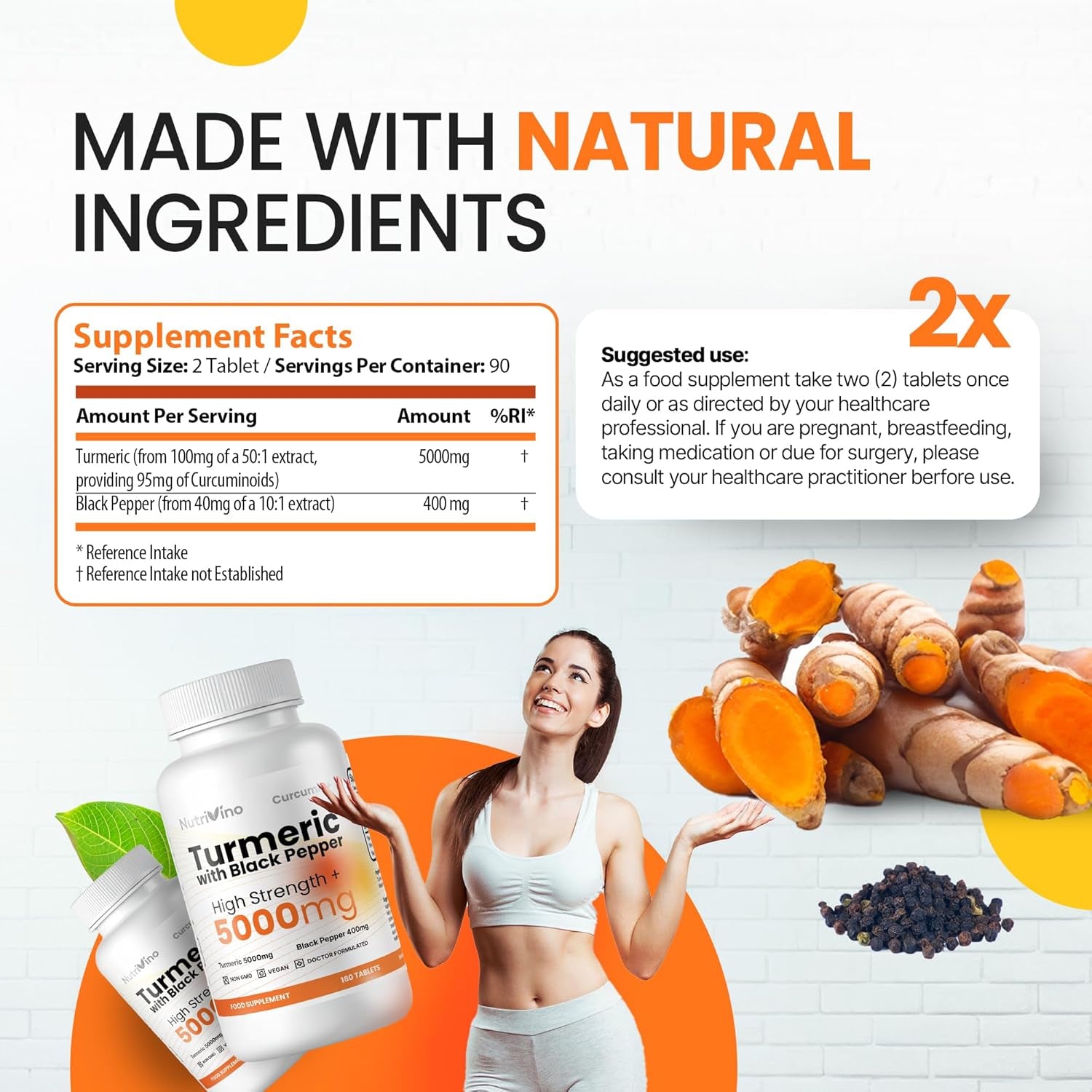 Turmeric Tablets 5000Mg with Black Pepper | 95% Curcumin Extract | 180 Easy to Swallow Tiny Turmeric and Black Pepper Tablets | Vegan & Cruelty-Free | Supplements for Men and Women by Nutrivino