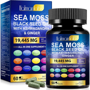Sea Moss Complex-19,445Mg Sea Moss Capsules with Black Seed Oil& Ashwagandha, Ginger- 60 High Strength Capsules Providing 30 Day Supply- Vegan&Halal