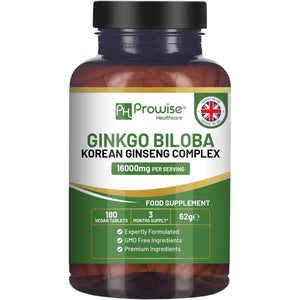 Ginkgo Biloba and Korean Ginseng Tablets 16000Mg 180 Vegan Tablets | Ginkgo 12000Mg & Korean Ginseng Root 4000Mg Supports Cognitive Function & Mental Performance | UK Manufactured by Prowise