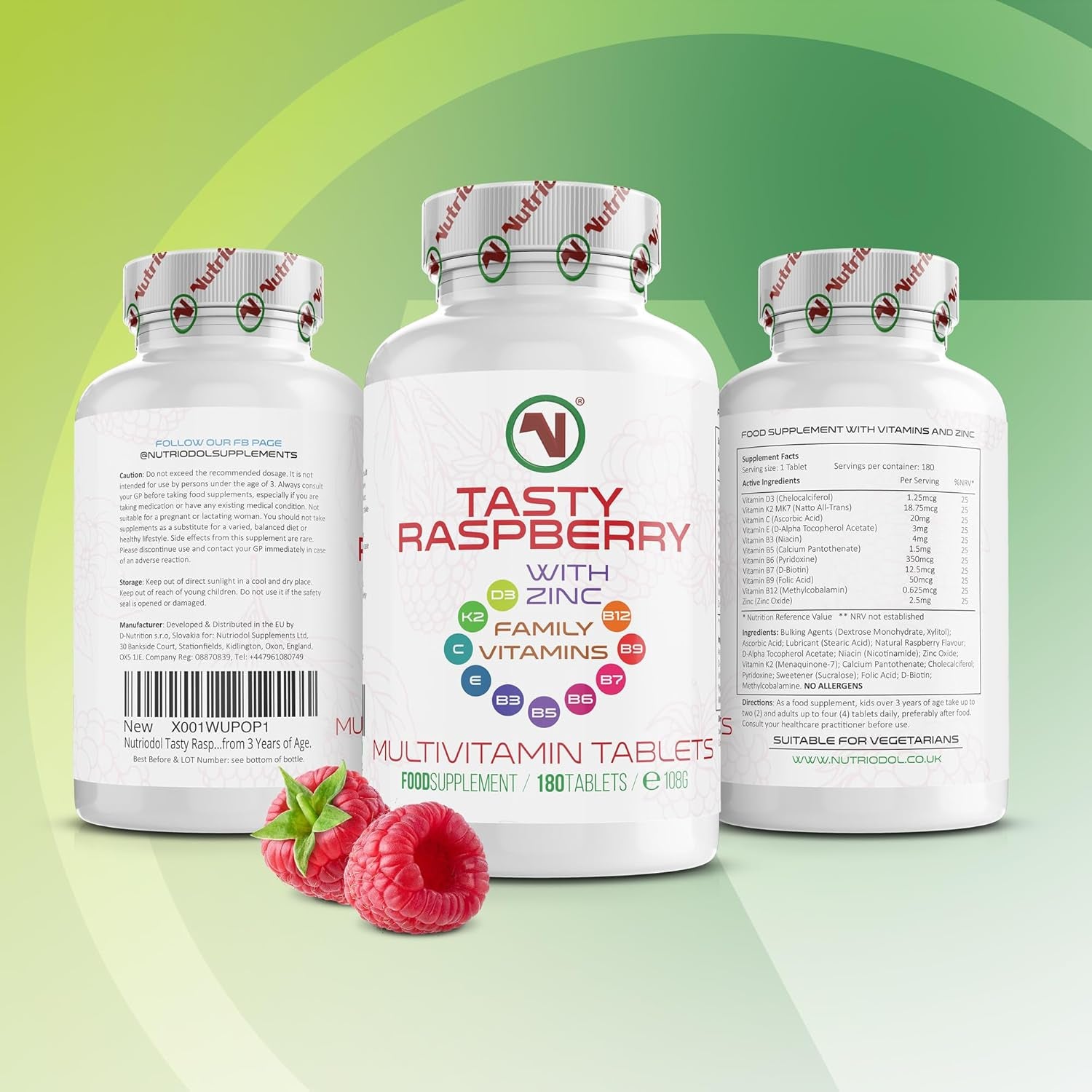 Nutriodol Tasty Raspberry Multivitamin Tablets, 180 Chewable Vegetarian and Vegan Friendly Tablets, Suitable for Adults and Children from 3 Years of Age.