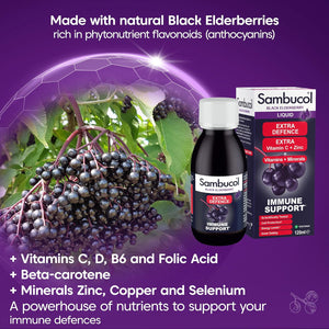 Sambucol Natural Black Elderberry Extra Defence Liquid | Vitamin C, B6 & D | Zinc | Folic Acid & Minerals |Advanced Immune Support Supplement | 120Ml