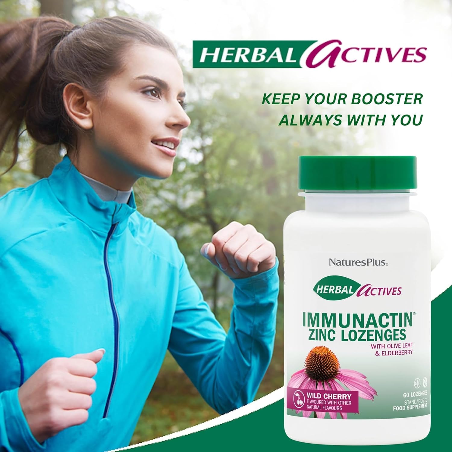 Naturesplus Herbal Actives Immune Zinc Lozenges, Cherry Flavour - Chewable Zinc and Vitamin C Tablets with Olive Leaf, Elderberry and Vitamin D3 - Vegan, Gluten Free - 60 Chewables