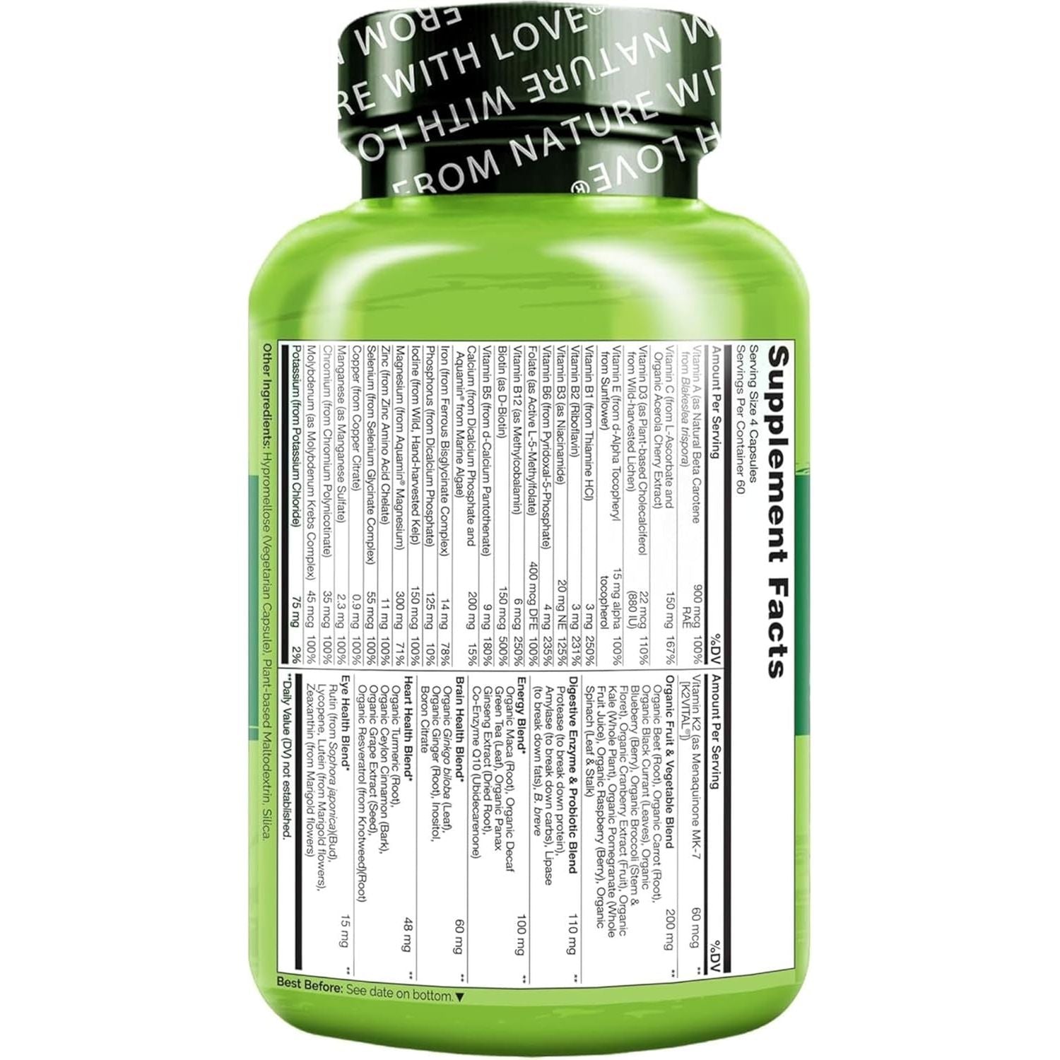 NATURELO Whole Food Multivitamin for Women - with Natural Vitamins, Minerals, Botanical Blends - Complete All-In-One Supplement for Energy, Brain, Eye Health - 240 Vegan Capsules | 2 Month Supply