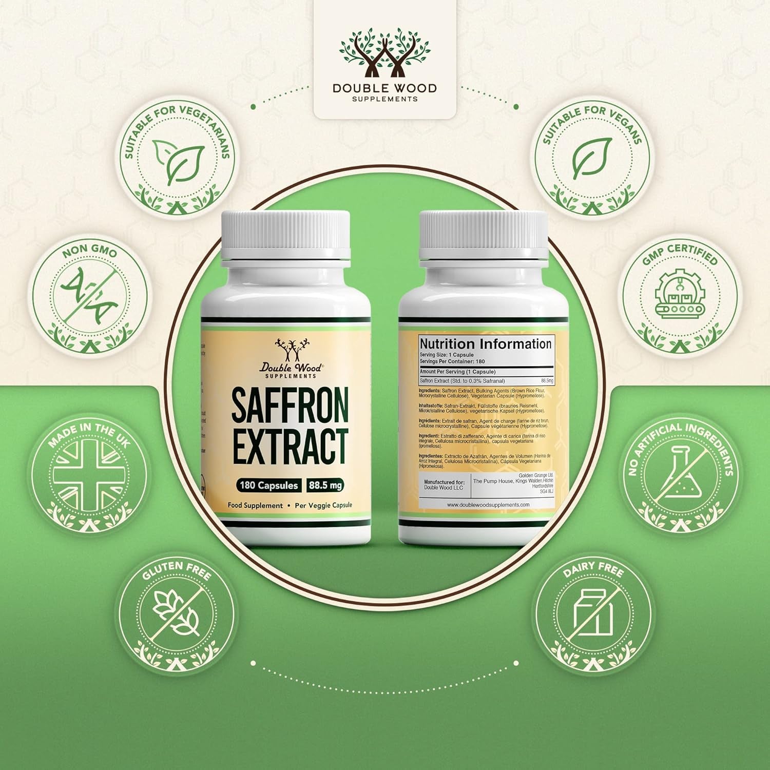 Double Wood Saffron Supplement |180 Servings of High Strength Saffron Capsules - 88.5Mg Saffron Extract per Serving | Weight Management, Heart Health, Mental Clarity & Eye Health | UK Manufactured