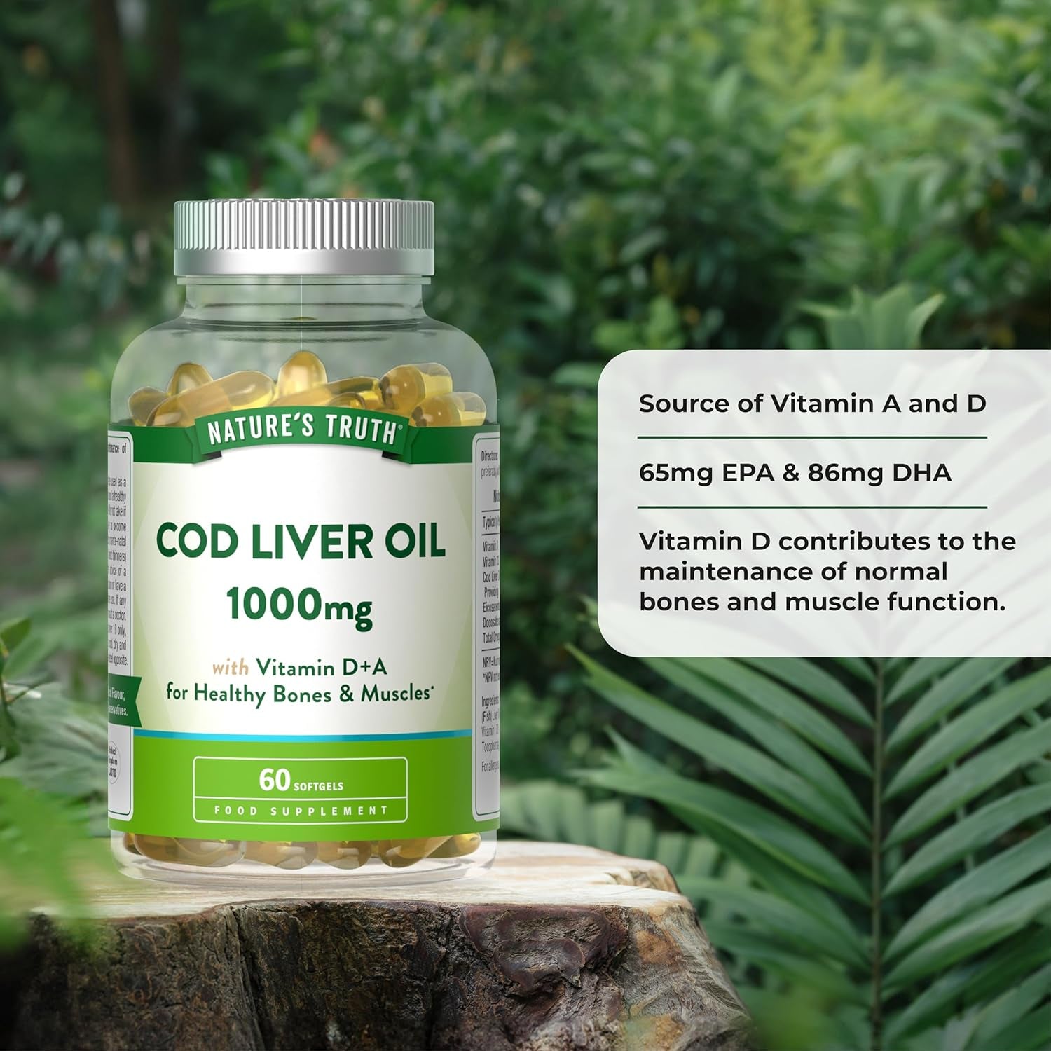 Cod Liver Oil Capsules High Strength | 1000Mg | with Omega 3, Vitamin D and a | Providing DHA & EPA | 60 Softgels | Nature'S Truth