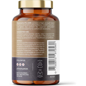 Resveratrol Pro Q10 - Trans-Resveratrol, Coenzyme Q10, Pterostilbene, Pine Bark, Green Tea, Grape Skin, Piperine - Split Dose for Maximum Benefits - UK Manufactured - Zero Additives - 60 Capsules