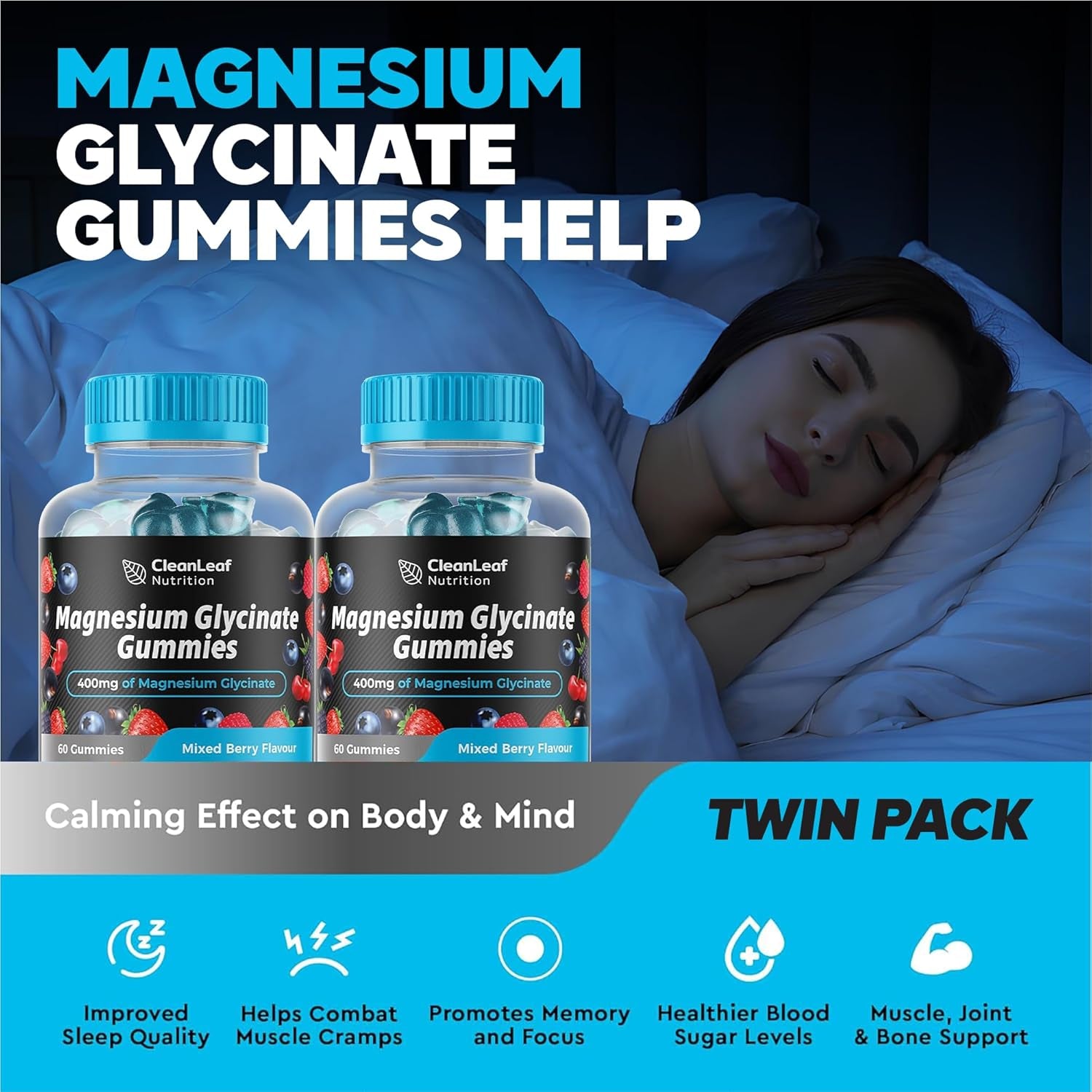 Magnesium Glycinate Twin Pack Gummies - 400Mg High Absorption Formula for Sleep, Stress Relief & Muscle Health - Mixed Berry Flavor, Non-Gmo, 60-Day Supply for Adults