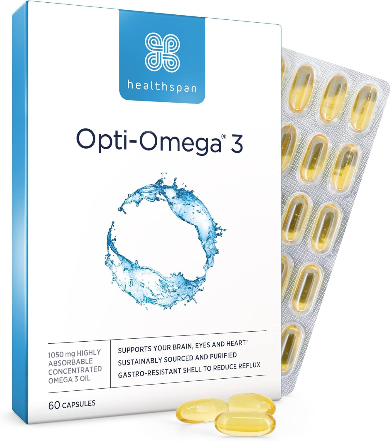 Healthspan Opti-Omega 3 with anti Reflux Technology (2 Months' Supply) | Optimal Absorption Omega 3 Fish Oil to Support Your Brain, Eye & Heart Health | 750Mg Omega 3 Fatty Acids per Capsule