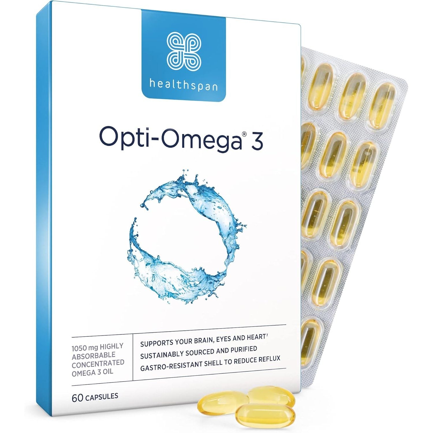 Healthspan Opti-Omega 3 with anti Reflux Technology (2 Months' Supply) | Optimal Absorption Omega 3 Fish Oil to Support Your Brain, Eye & Heart Health | 750Mg Omega 3 Fatty Acids per Capsule