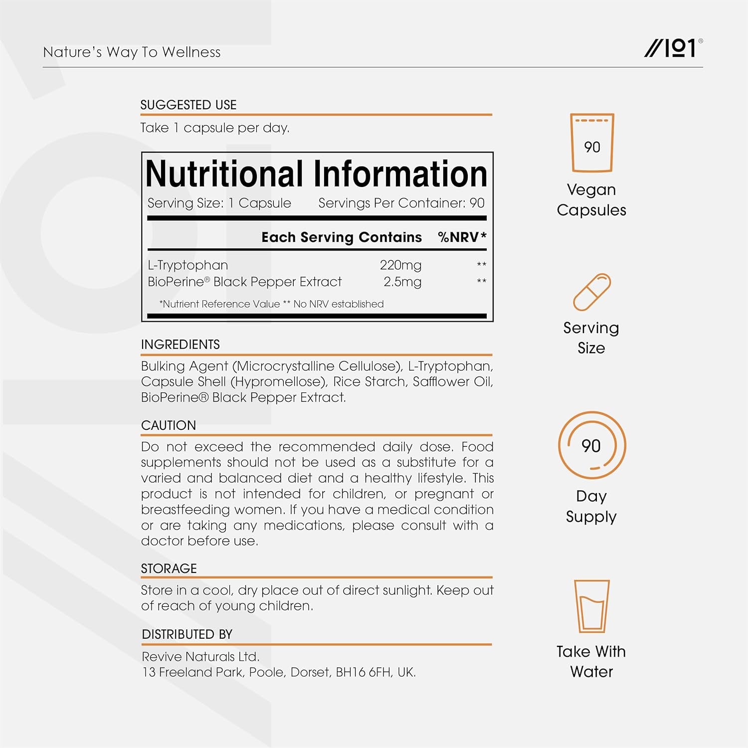 L-Tryptophan 220Mg with Bioperine® - 90 Vegan Capsules – Naturally Fermented L-Tryptophan Supplement with Black Pepper Extract for Increased Bioavailability - 3 Months Supply - by Alpha01