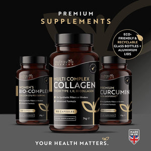 Premium Multi Collagen Protein Capsules with Type I, II, III - Includes Hydrolysed Grass Fed Bovine Collagen, Marine Collagen, Hyaluronic Acid, Turmeric - 90 Capsules - Made in the UK by Nutravita